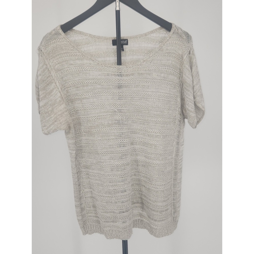 ANA A New Approach Women Oatmeal Beige Open Knit Short Sleeve Sweater Top Large